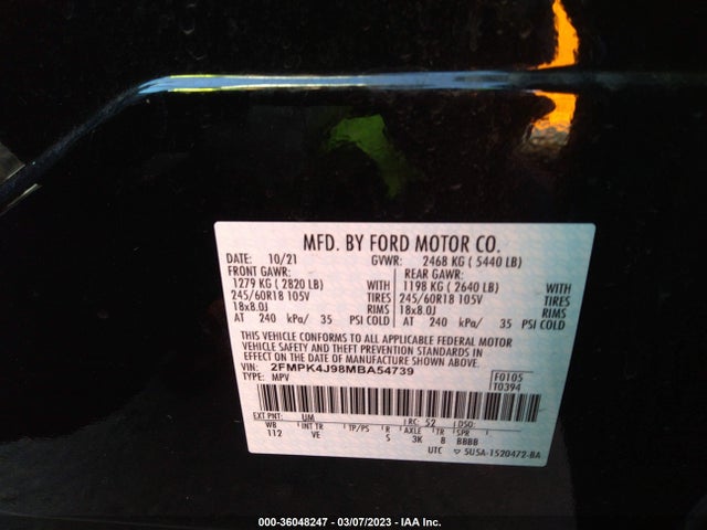 2021 FORD EDGE SEL/ST-LINE VIN: 2FMPK4J98MBA54739