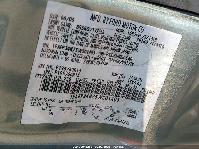 2005 FORD FOCUS S/SE/SES VIN: 1FAFP34N75W301405
