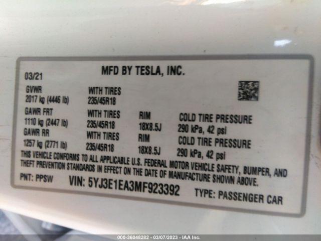 5YJ3E1EA3MF923392 Tesla Model 3 Standard Range Plus