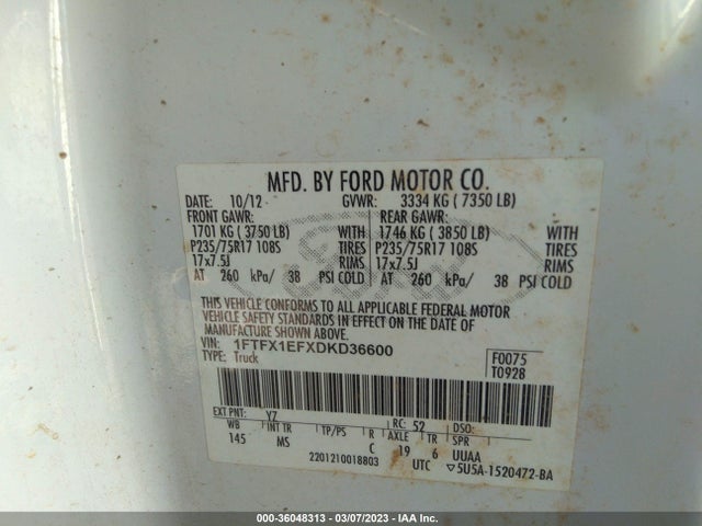 2013 FORD F-150 XL/STX/XLT/FX4/LARIAT VIN: 1FTFX1EFXDKD36600