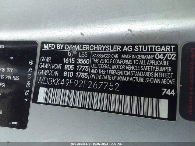 2002 MERCEDES-BENZ SLK-CLASS 2.3L KOMPRESSOR VIN: WDBKK49F92F267752