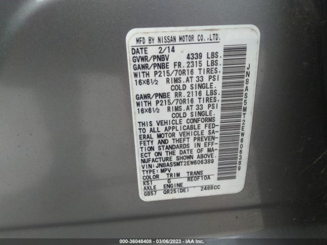 JN8AS5MT2EW606389 Nissan Rogue Select S