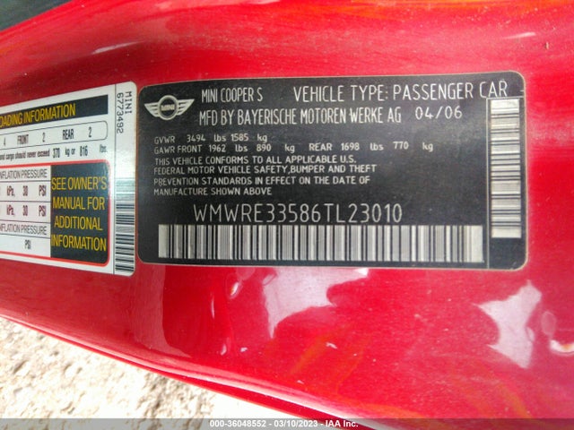 Mini Cooper Hardtop S 2006 WMWRE33586TL23010 Image 11