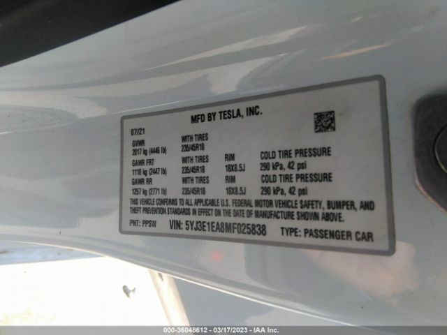5YJ3E1EA8MF025838 Tesla Model 3 Standard Range Plus
