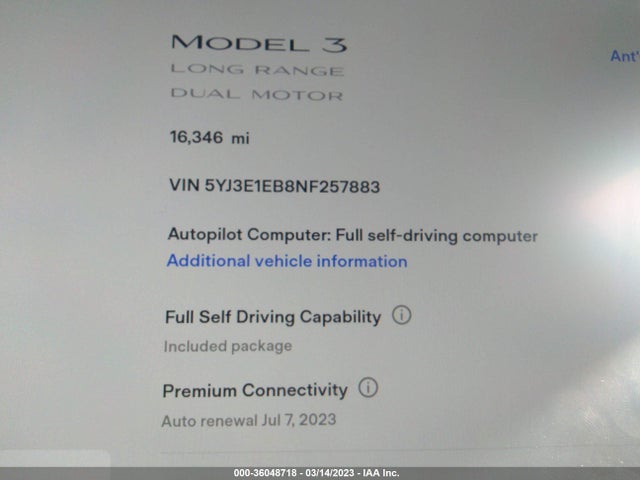 Tesla Model 3 Long Range 2022 5YJ3E1EB8NF257883 Image 9