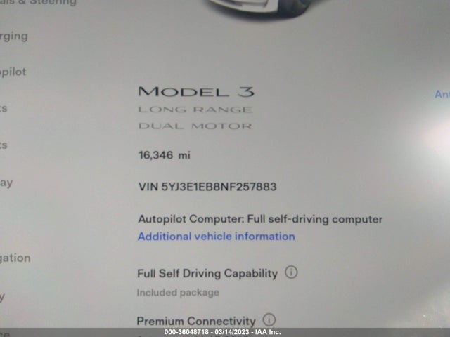 Tesla Model 3 Long Range 2022 5YJ3E1EB8NF257883 Image 11
