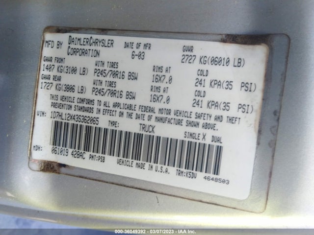 Dodge Dakota Base 2003 1D7HL12X43S362065 Image 10