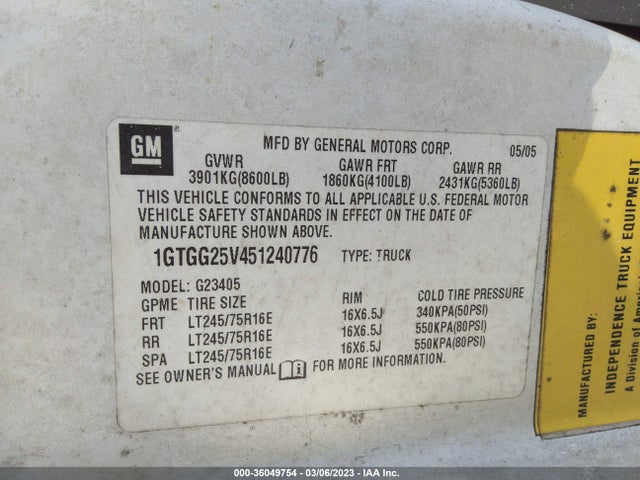GMC SAVANA CARGO VAN 2005 1GTGG25V451240776 Image 10
