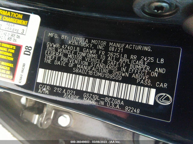 2021 LEXUS ES ES 350 VIN: 58ADZ1B13MU109509