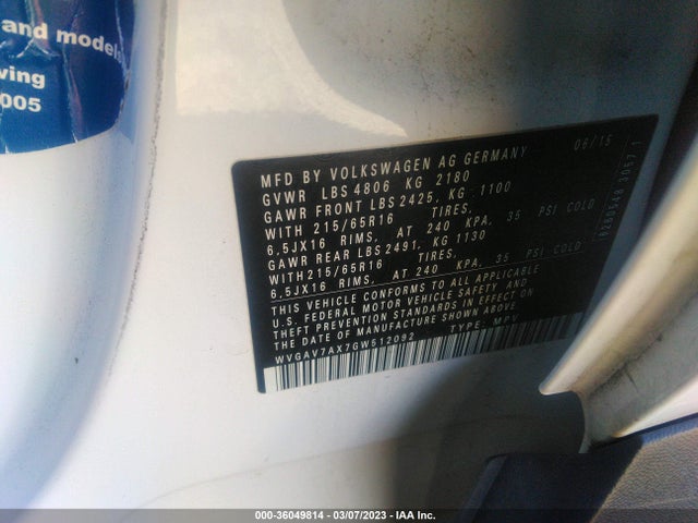 WVGAV7AX7GW512092 Volkswagen TIGUAN S