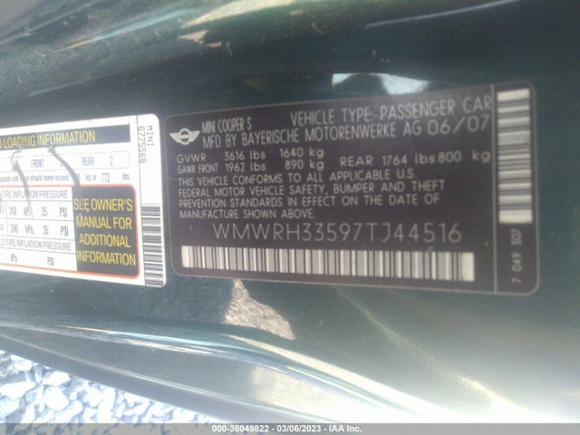 2007 MINI COOPER CONVERTIBLE S VIN: WMWRH33597TJ44516