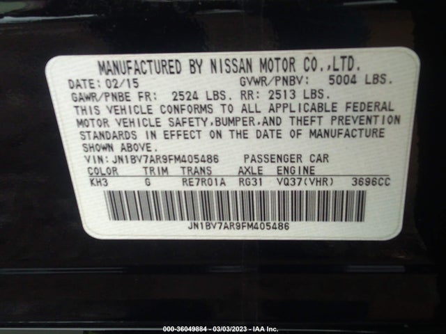 Aukcja sprzedaży 2015 Infiniti Q50 Premium, vin: JN1BV7AR9FM405486, numer aukcji: 36049884