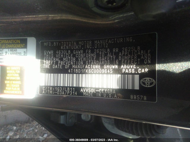 2012 TOYOTA CAMRY HYBRID XLE/LE VIN: 4T1BD1FK6CU009645