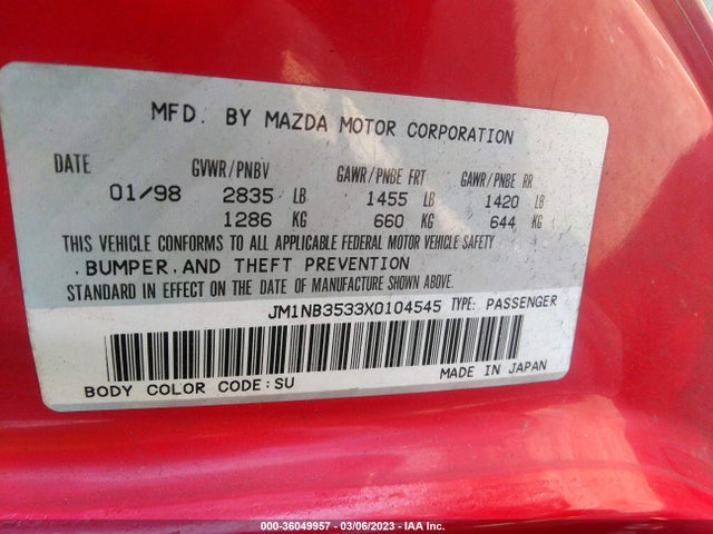 1999 MAZDA MX-5 MIATA BASE/SPORT VIN: JM1NB3533X0104545