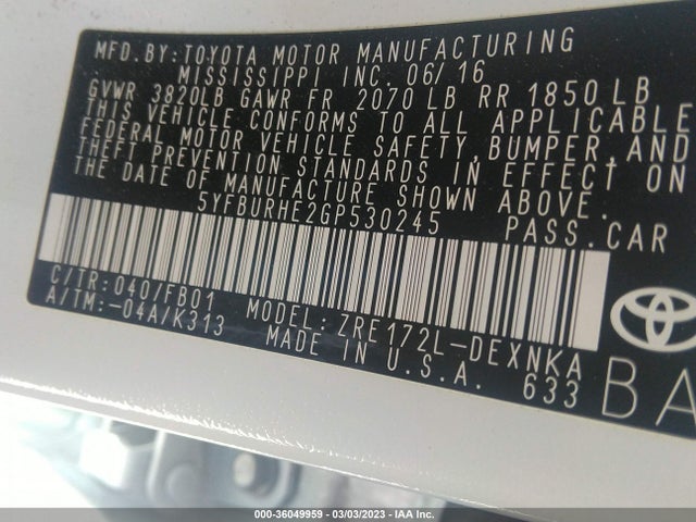 Toyota Corolla L/le/s/s Plus/le Plus 2016 5YFBURHE2GP530245 Image 9
