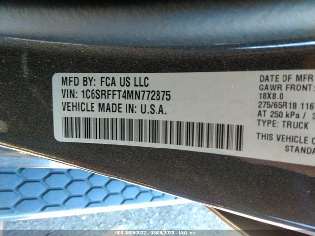 2021 RAM 1500 BIG HORN VIN: 1C6SRFFT4MN772875