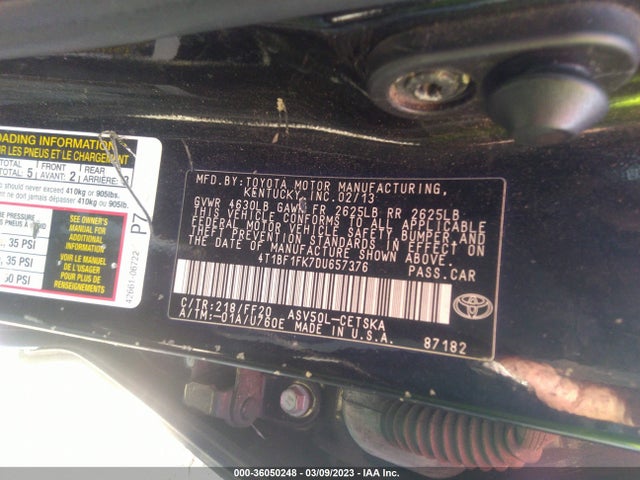 2013 TOYOTA CAMRY L/LE/SE/XLE VIN: 4T1BF1FK7DU657376