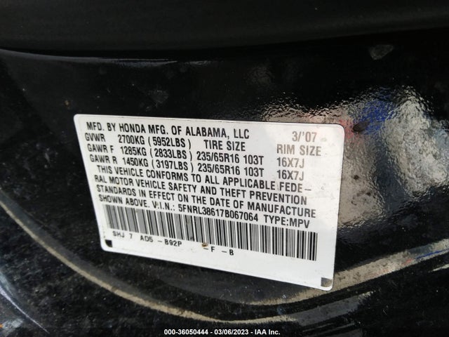 2007 HONDA ODYSSEY EX-L VIN: 5FNRL38617B067064