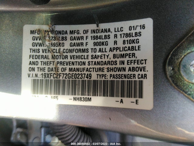 2016 HONDA CIVIC SEDAN EX VIN: 19XFC2F72GE023749