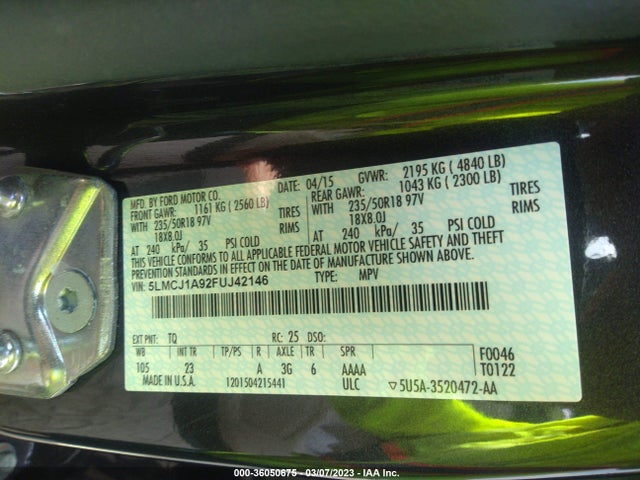 2015 Lincoln MKC, VIN: 5LMCJ1A92FUJ42146