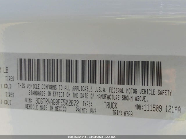 2015 RAM PROMASTER VIN: 3C6TRVAG0FE502672