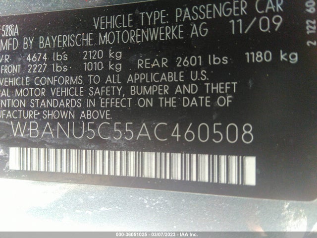 2010 BMW 5 SERIES 528I VIN: WBANU5C55AC460508