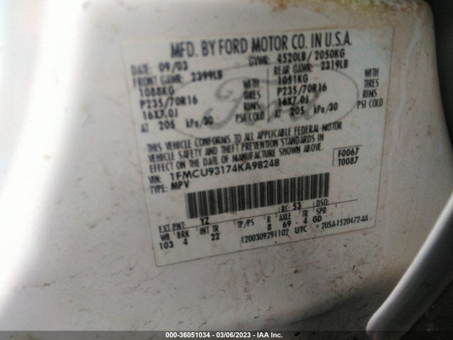 2004 FORD ESCAPE XLT VIN: 1FMCU93174KA98248