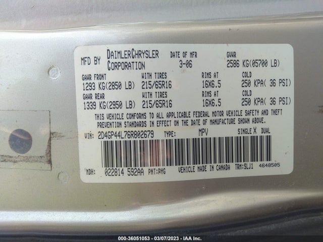 2006 DODGE GRAND CARAVAN SXT VIN: 2D4GP44L76R802679