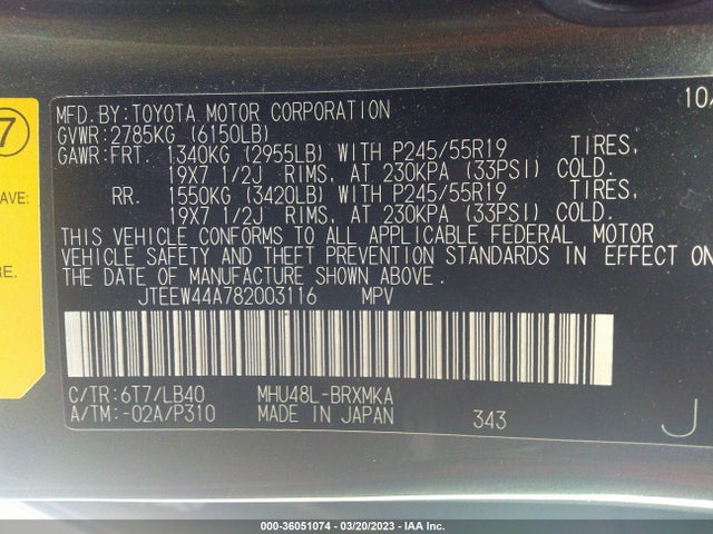 2008 TOYOTA HIGHLANDER HYBRID LIMITED VIN: JTEEW44A782003116