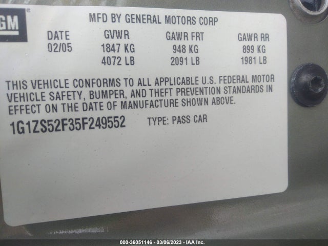 2005 CHEVROLET MALIBU BASE VIN: 1G1ZS52F35F249552