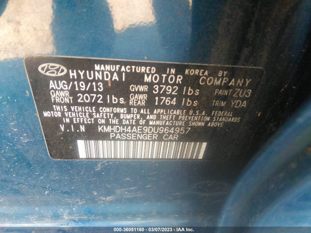 2013 HYUNDAI ELANTRA LIMITED VIN: KMHDH4AE9DU964957