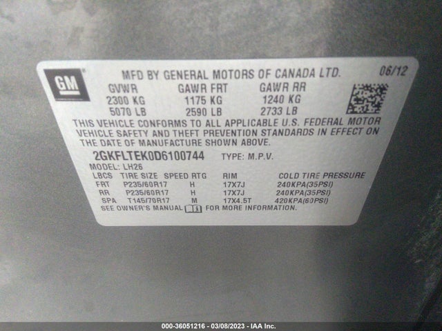 2013 GMC TERRAIN SLE VIN: 2GKFLTEK0D6100744