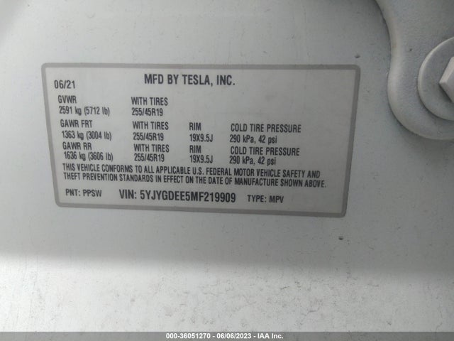 Tesla Model Y Long Range 2021 5YJYGDEE5MF219909 Image 10