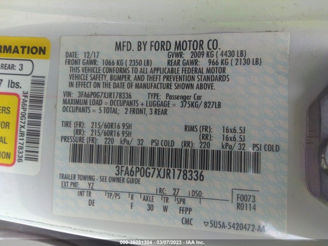 2018 FORD FUSION S VIN: 3FA6P0G7XJR178336