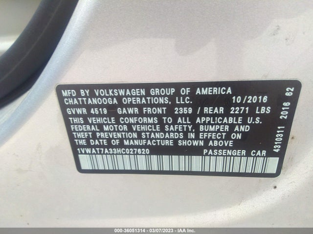 1VWAT7A33HC027620 Volkswagen Passat 1.8t S