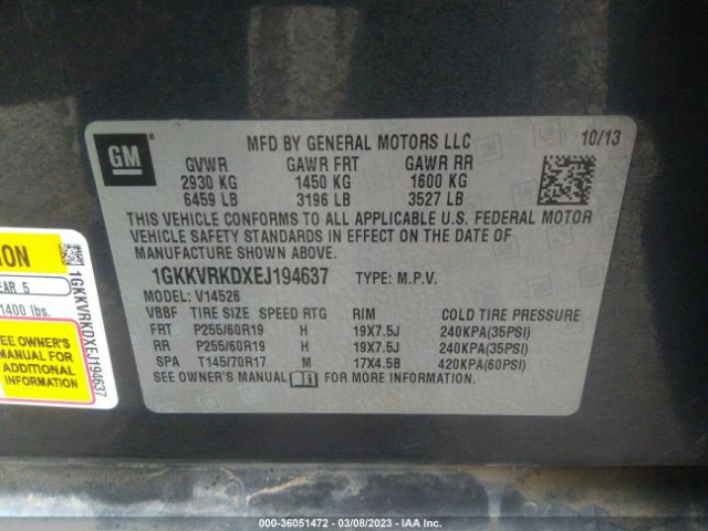 1GKKVRKDXEJ194637 GMC ACADIA SLT