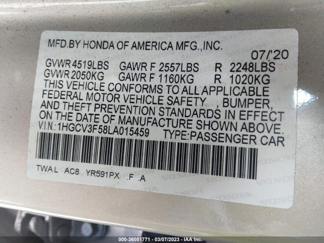 2020 Honda Accord, VIN: 1HGCV3F58LA015459