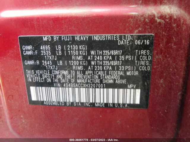 4S4BSACCXH3207001 Subaru Outback Premium