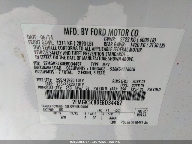 Продаж на аукціоні авто 2014 Ford Flex Sel, vin: 2FMGK5C80EBD34487, номер лоту: 36051777