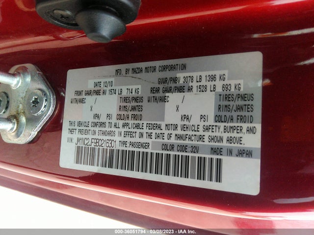 2011 MAZDA MX-5 MIATA SPORT VIN: JM1NC2JF9B0216301