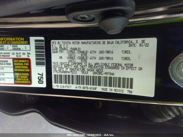 2022 TOYOTA TACOMA 4WD SR/SR5/TRD SPORT VIN: 3TMCZ5AN0NM475212