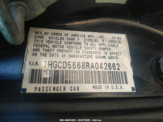 1994 HONDA ACCORD EX VIN: 1HGCD5668RA042662
