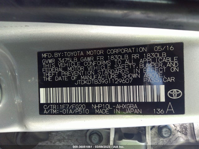 Toyota Prius C One/two/three/four 2016 JTDKDTB39G1129607 Image 9