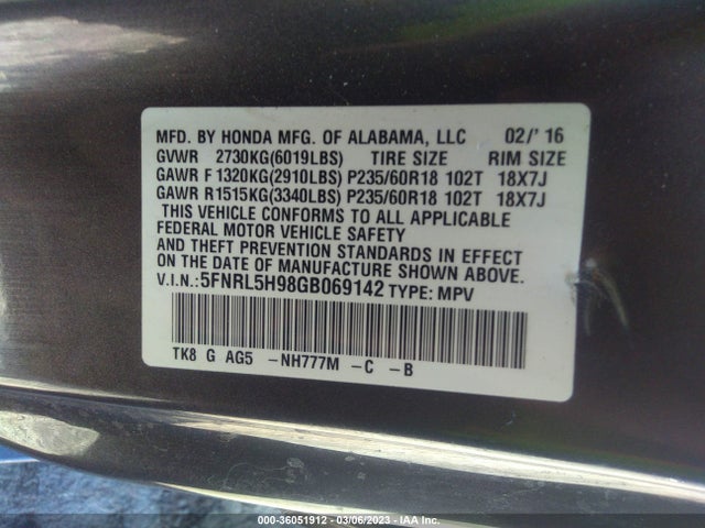 2016 HONDA ODYSSEY TOURING VIN: 5FNRL5H98GB069142