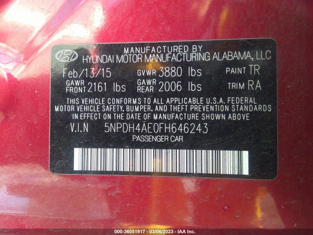 Hyundai ELANTRA SE 2015 5NPDH4AE0FH646243 Image 9