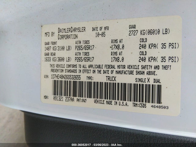 Dodge DAKOTA SLT 2006 1D7HE48N26S532655 Image 10