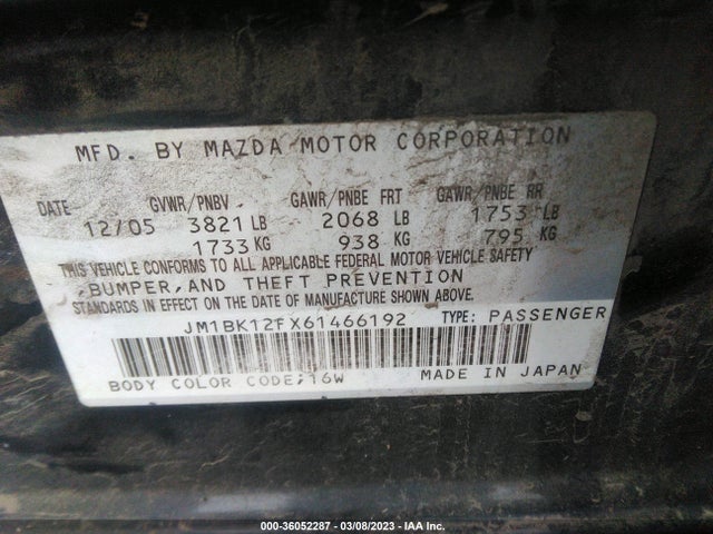 2006 MAZDA MAZDA3 I VIN: JM1BK12FX61466192
