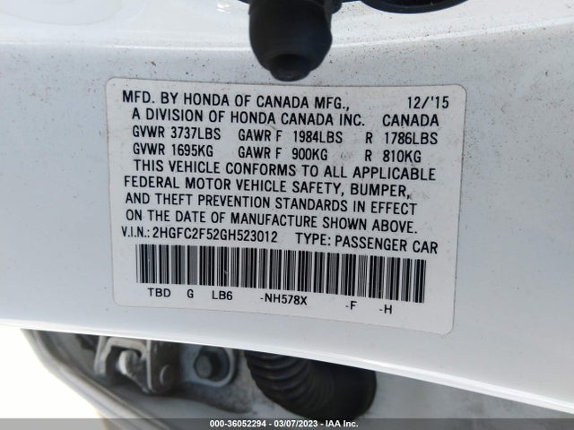 2016 HONDA CIVIC SEDAN LX VIN: 2HGFC2F52GH523012