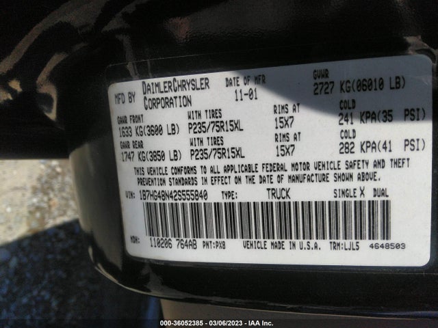 Dodge DAKOTA SLT 2002 1B7HG48N42S555840 Image 10