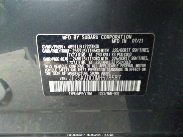 2021 SUBARU FORESTER VIN: JF2SKADC0MH578587